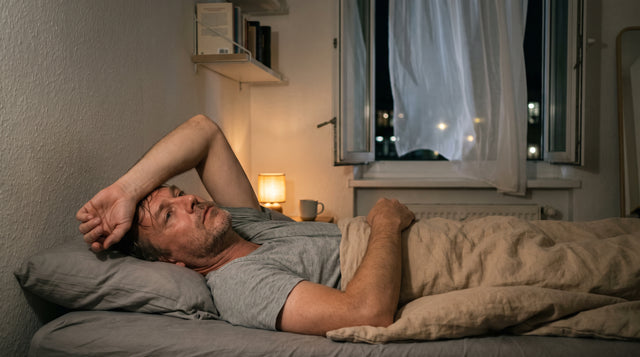 Mann liegt nachts wach im Bett, Fenster geöffnet, warmes Licht der Nachttischlampe