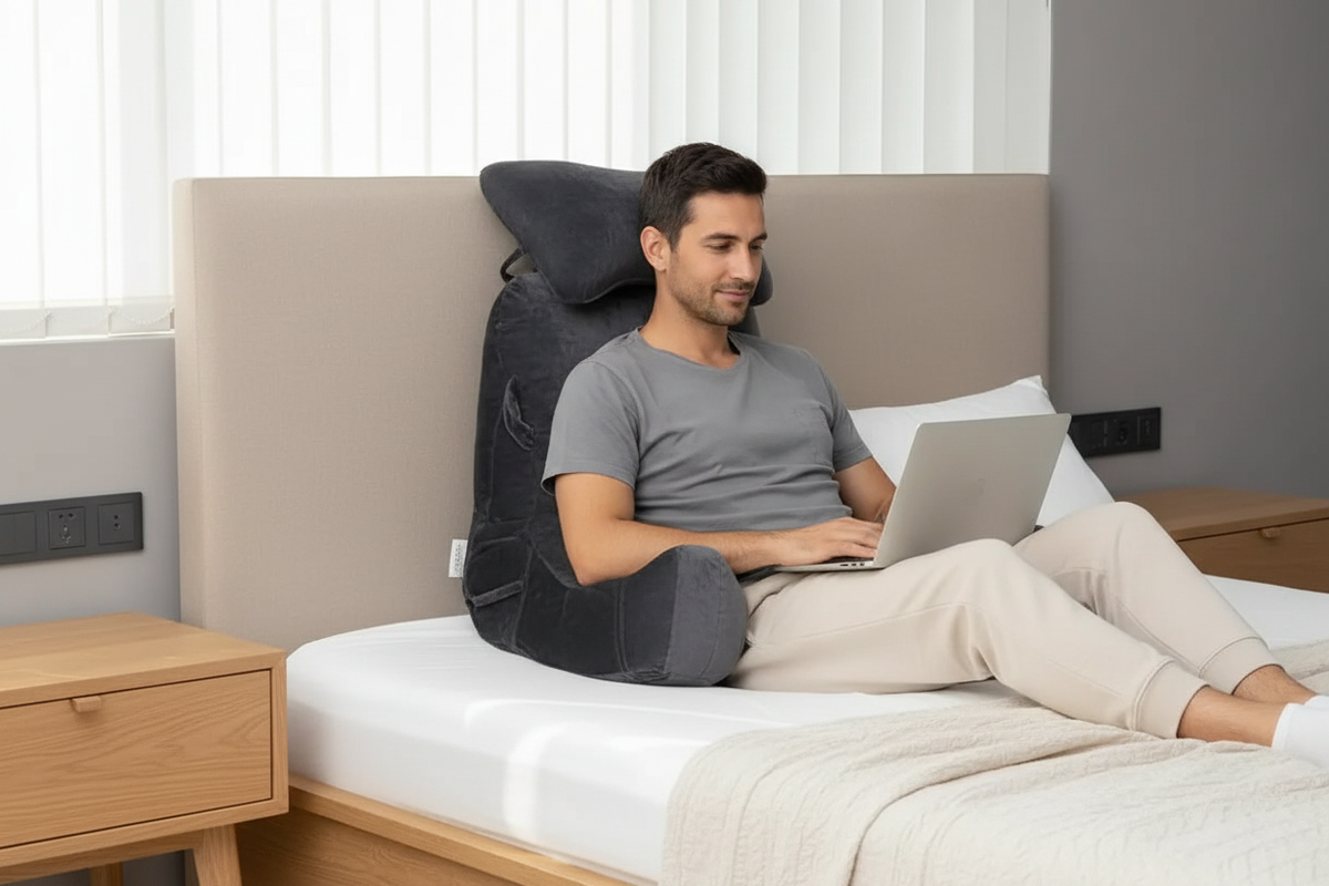 Ergovo Bett-Lesekissen an einem Bettkopfteil