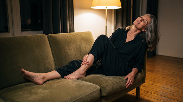 Frau sitzt abends auf dem Sofa, Beine ausgestreckt, Hand am Knöchel, warmes Licht