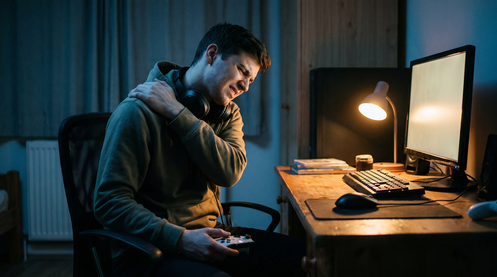 Junger Mann sitzt nachts am Gaming-Schreibtisch mit Controller im Schoß und rollt die Schulter
