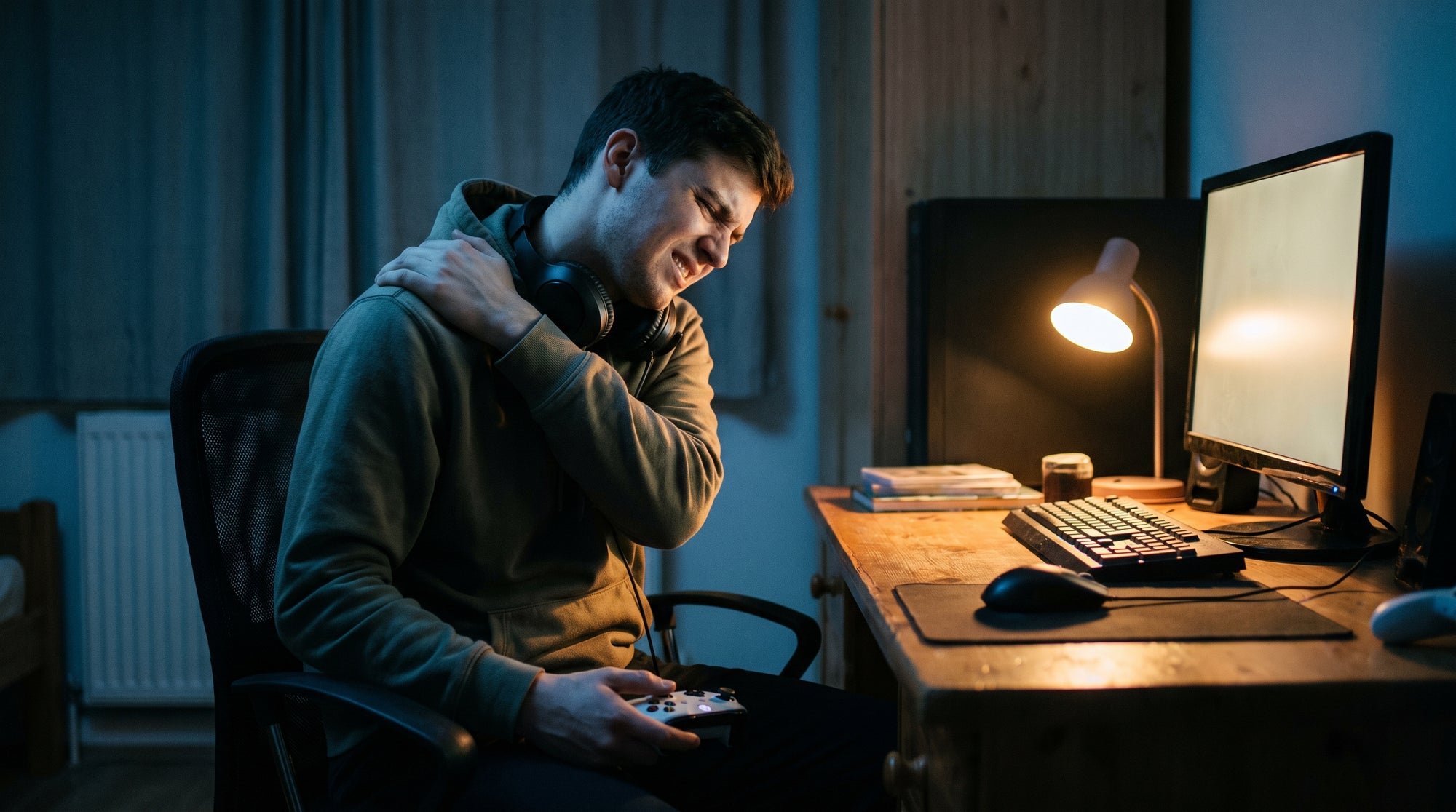 Nächtliche Szene am Schreibtisch, Controller im Schoß, Monitorlicht auf Gesicht und Schulter