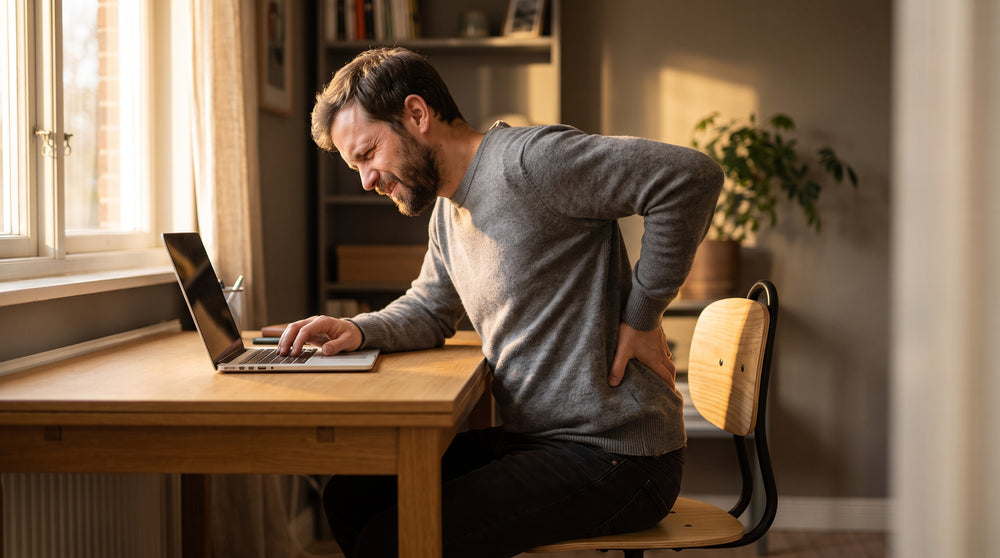 Mann am Schreibtisch im Homeoffice greift sich beim Drehen an den unteren Rücken