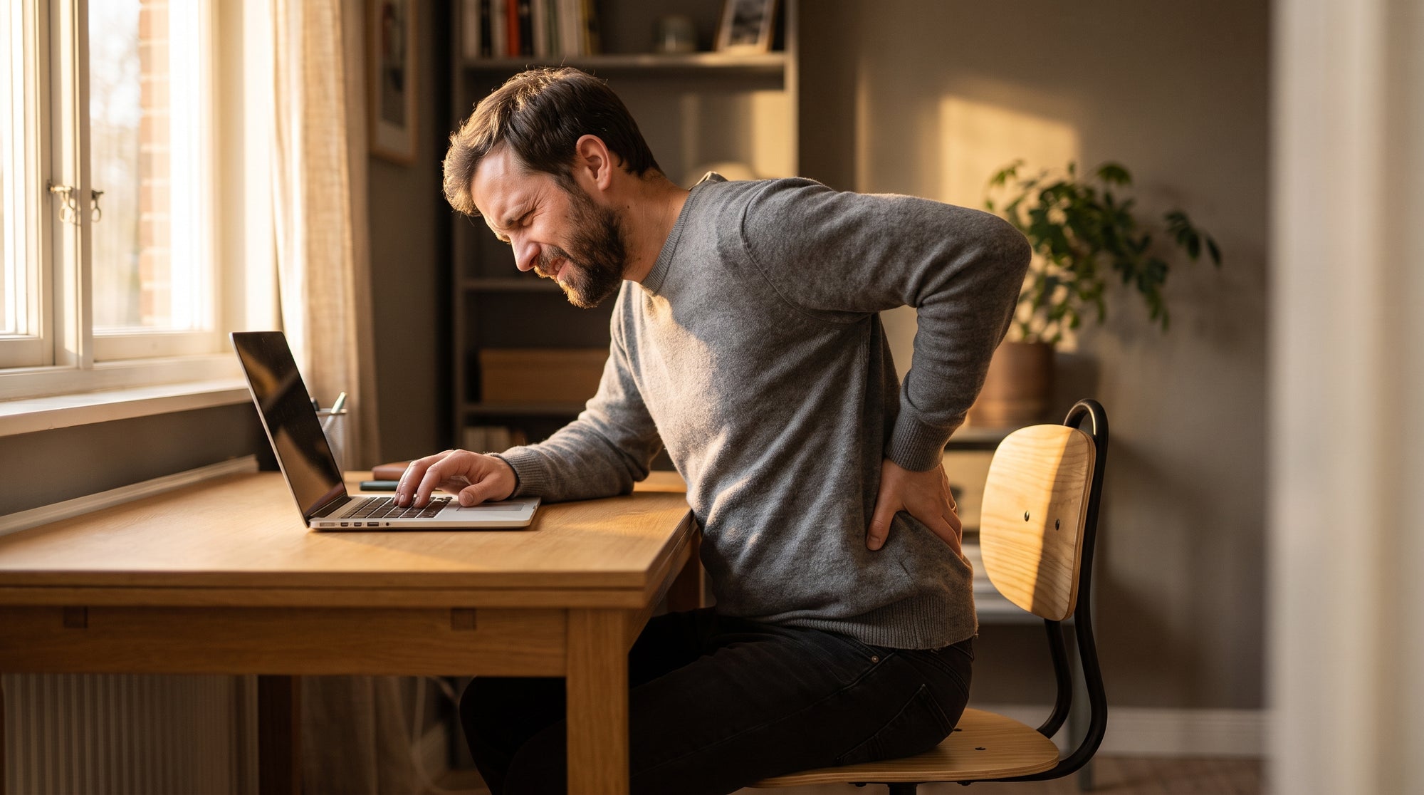 Büroangestellter greift im Sitzen an den unteren Rücken, Nachmittagssonne im Hintergrund des Arbeitsplatzes