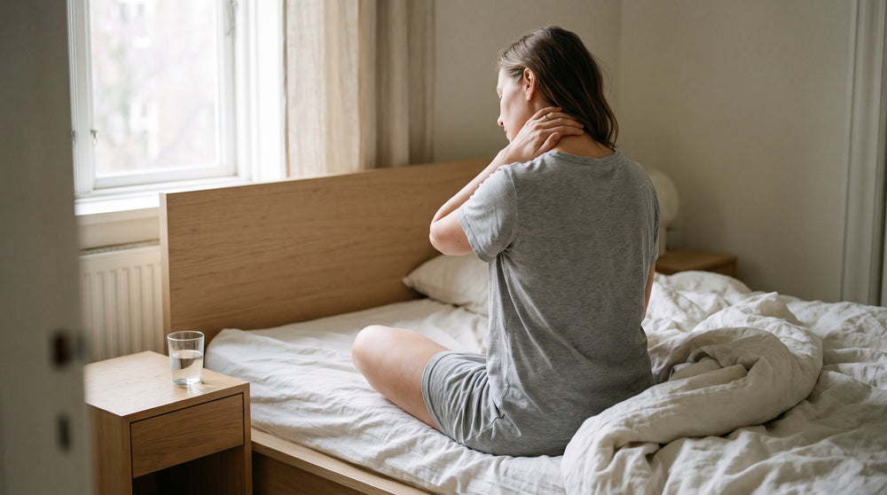 Frau am Morgen auf der Bettkante, eine Hand im Nacken, Licht fällt durchs Fenster