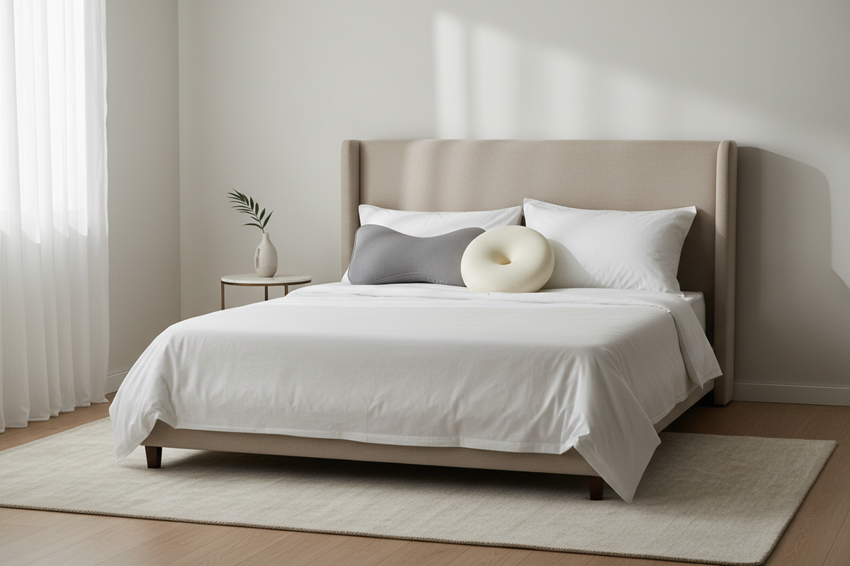 Kissen aus Memory Foam, Latex und Daunen im Vergleich nebeneinander
