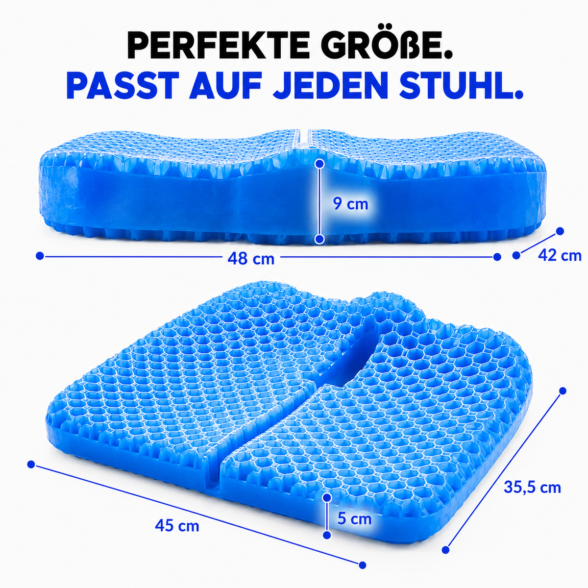 Maßgrafik des Waben-Gel-Sitzkissens mit Breite, Tiefe und Höhe in Zentimetern