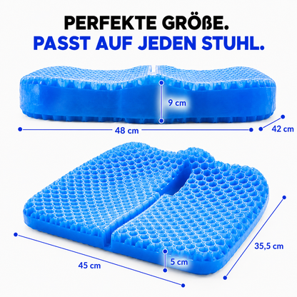 Maßgrafik des Waben-Gel-Sitzkissens mit Breite, Tiefe und Höhe in Zentimetern